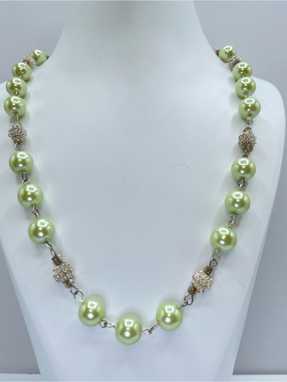 Green Faux Pearl Silver Tone Beaded Long Statement Necklace 29” Long